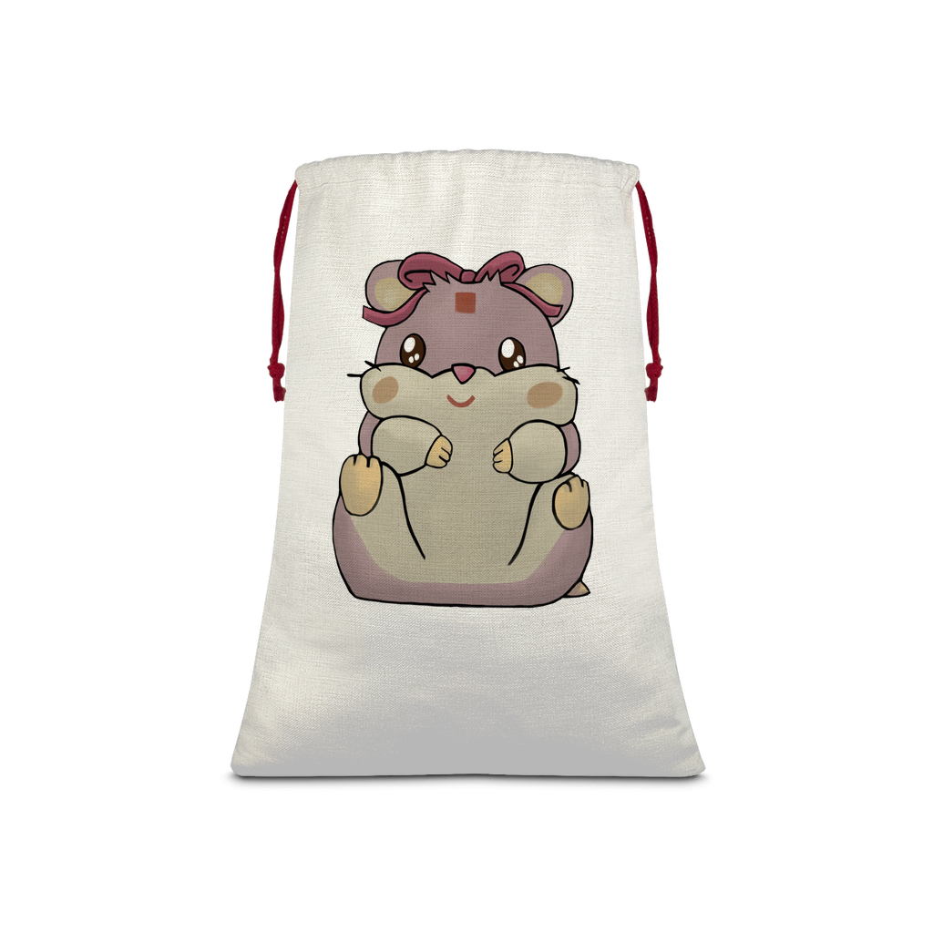 Purple Hamster Sublimation Linen Drawstring Sack with red drawstring, featuring a vibrant design suitable for Christmas gifts.