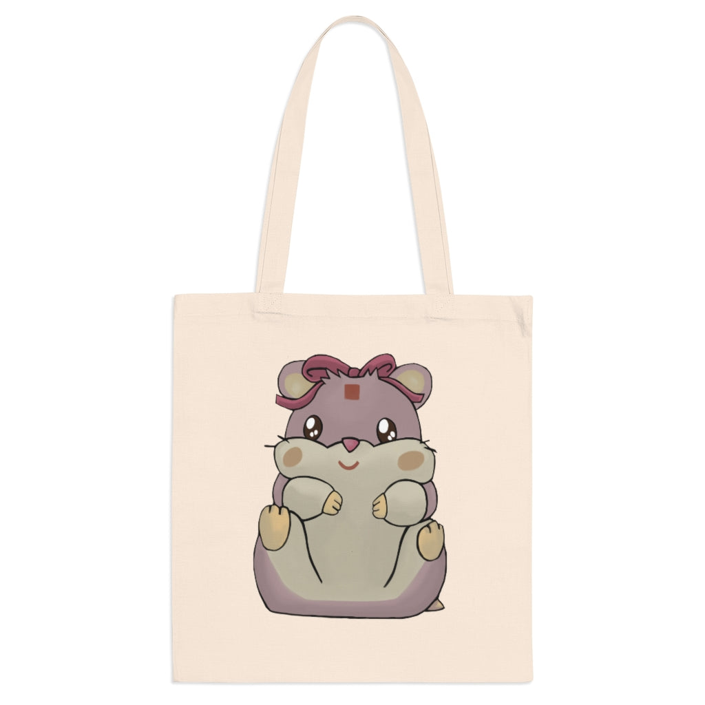 A vibrant Purple Hamster Tote Bag made of 100% cotton, featuring long cross-stitched handles for durability and a colorful design.