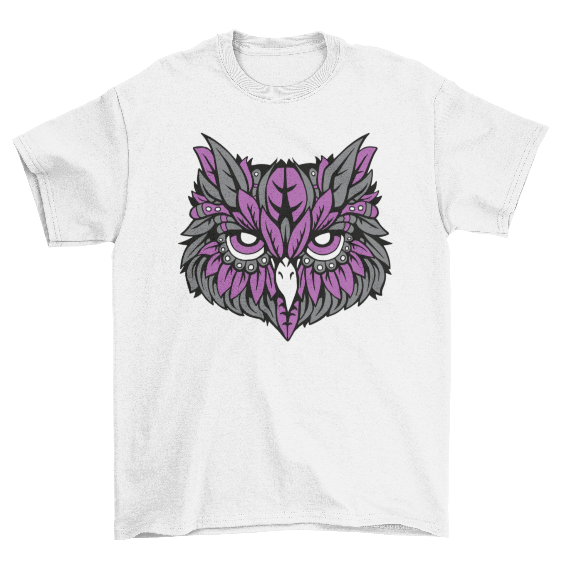 A vibrant Purple Owl T-shirt featuring a cool owl illustration with purple feathers, perfect for casual wear.