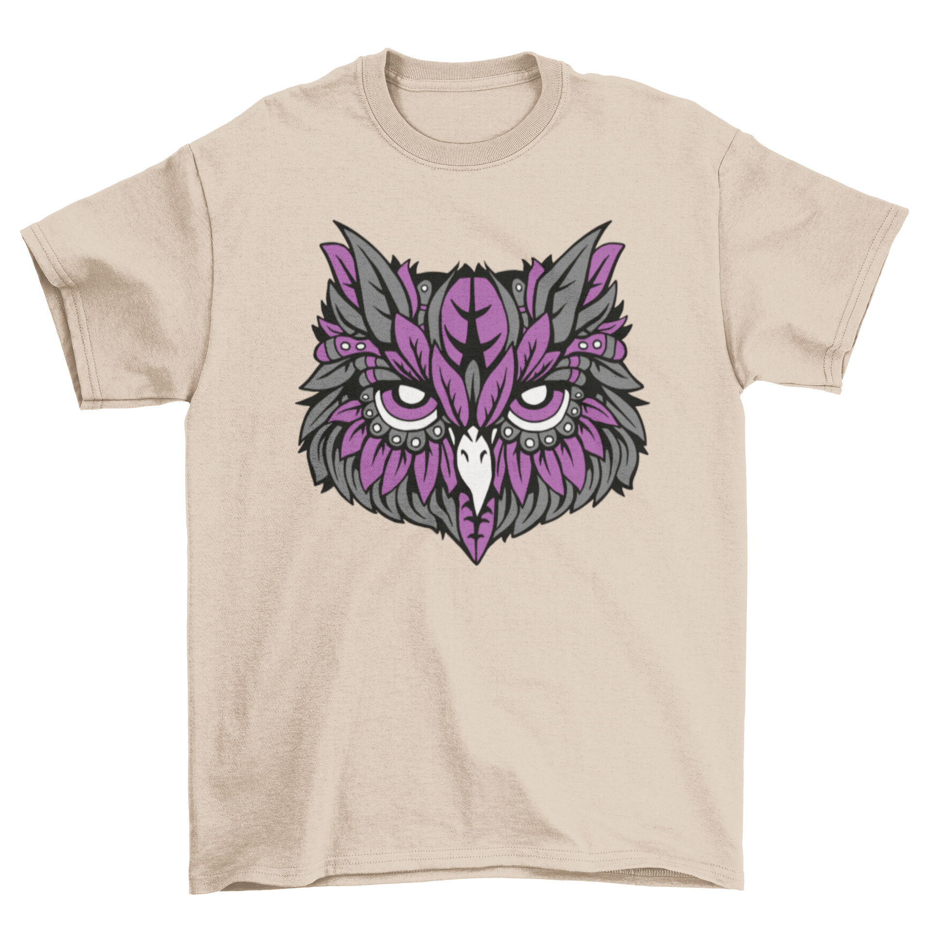 A vibrant Purple Owl T-shirt featuring a cool owl illustration with purple feathers, perfect for casual wear.