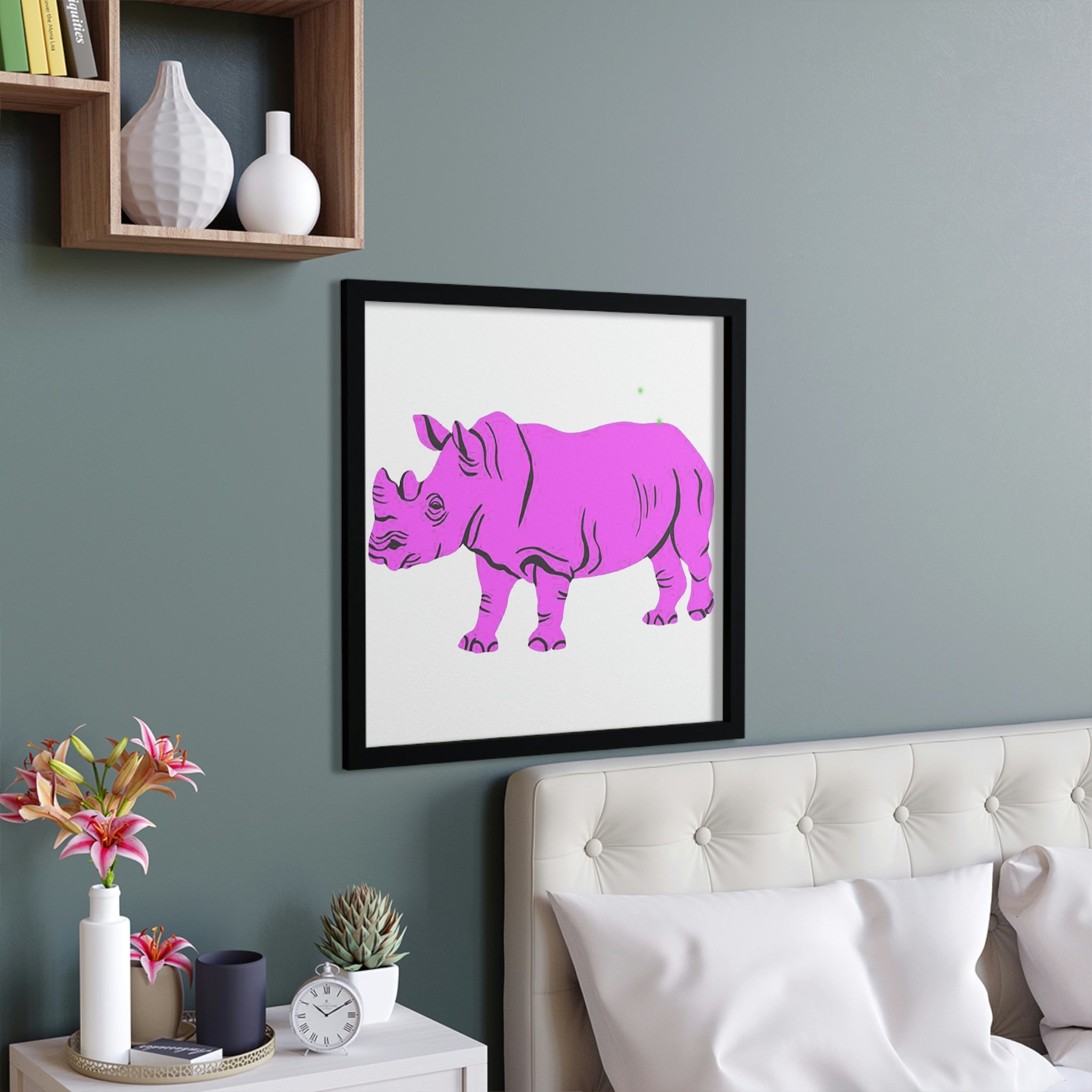 Purple Rhino Framed Poster featuring a vibrant design in a hand-crafted wooden frame, ready to hang.