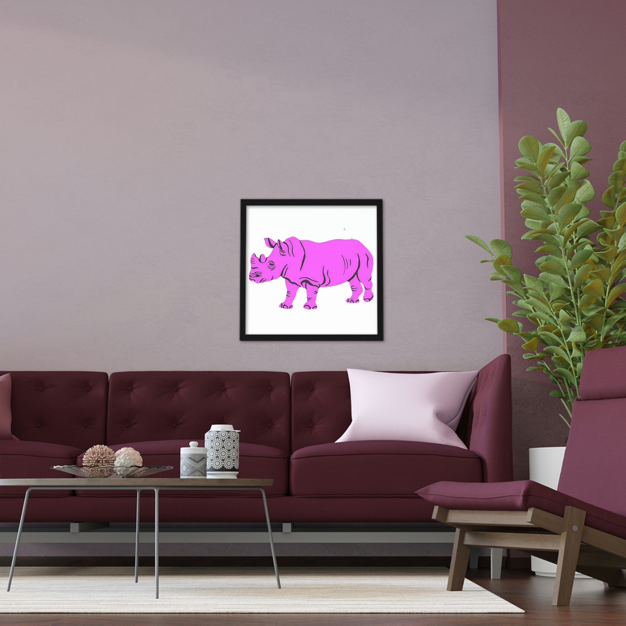 Purple Rhino Framed Poster featuring a vibrant design in a hand-crafted wooden frame, ready to hang.