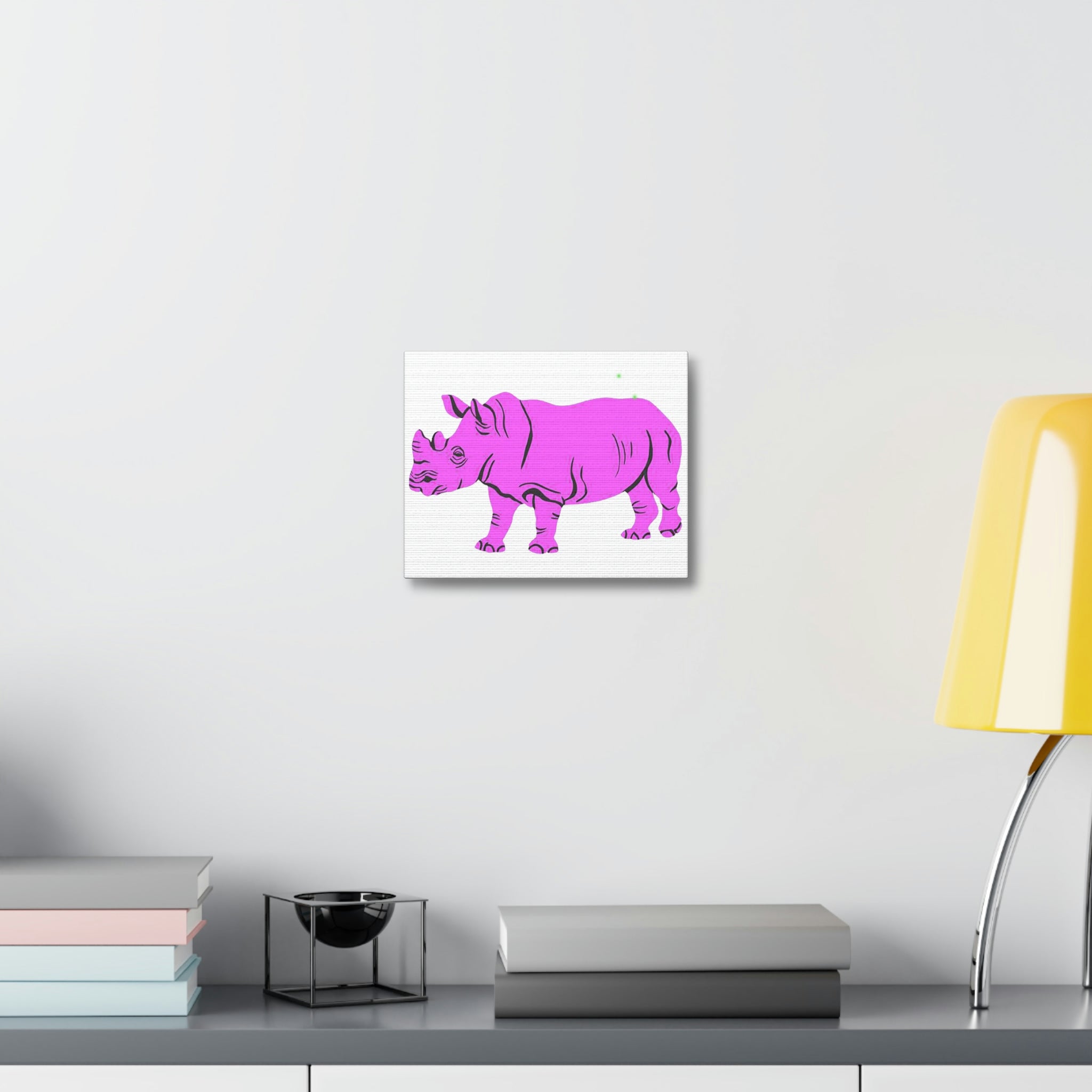 Purple Rhino Stretched Canvas artwork featuring vibrant colors and high-quality print on a wooden frame, ideal for indoor decoration.