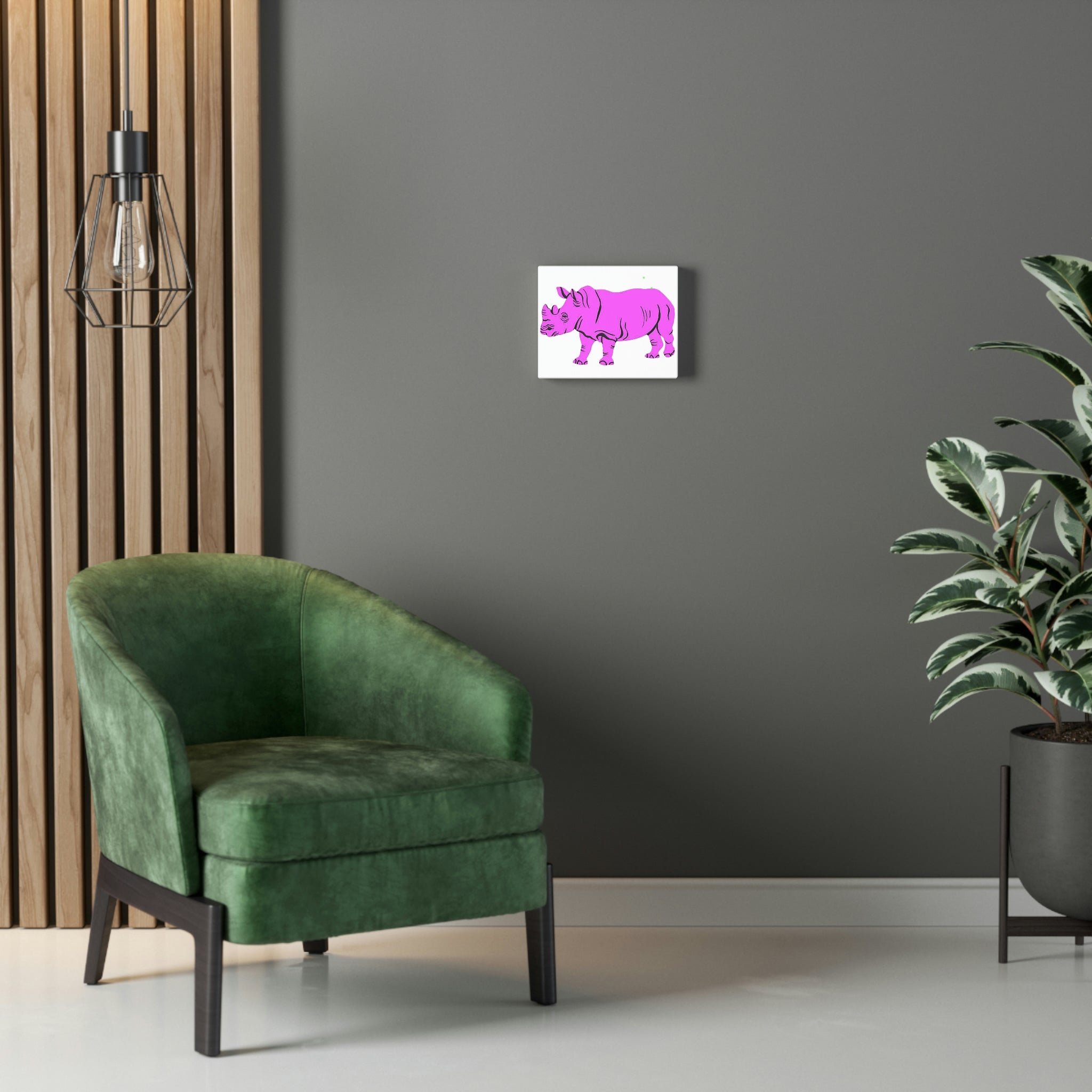 Purple Rhino Stretched Canvas artwork featuring vibrant colors and high-quality print on a wooden frame, ideal for indoor decoration.