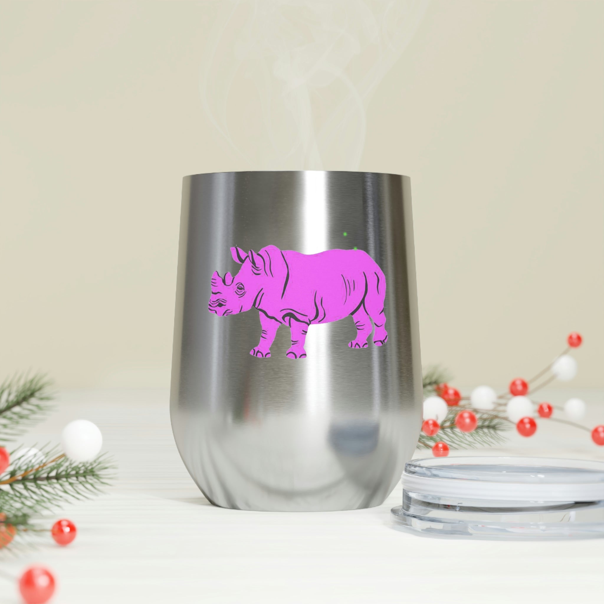 Purple Rhino Wine Tumbler with clear lid, showcasing its sleek stainless steel design and double insulation.