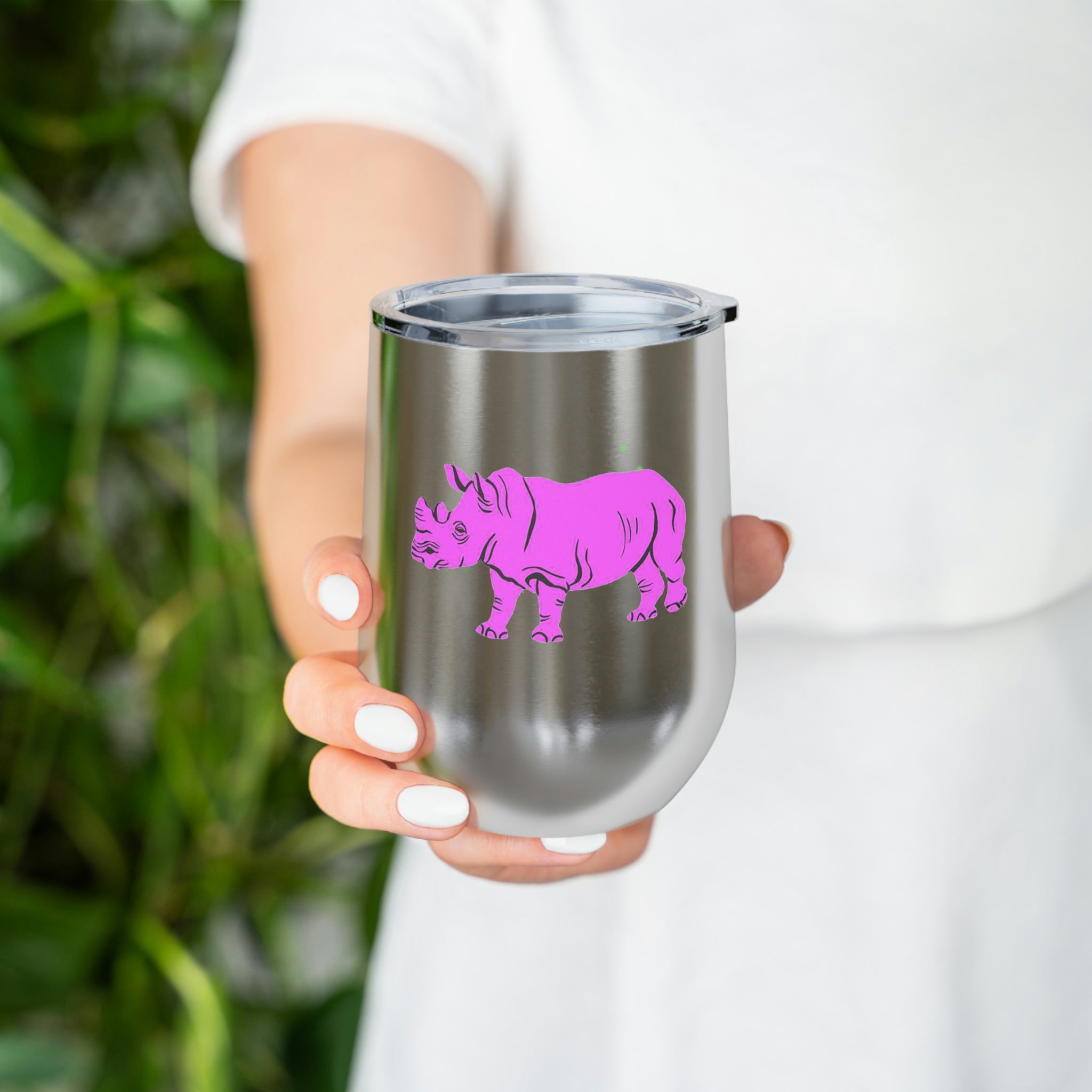 Purple Rhino Wine Tumbler with clear lid, showcasing its sleek stainless steel design and double insulation.