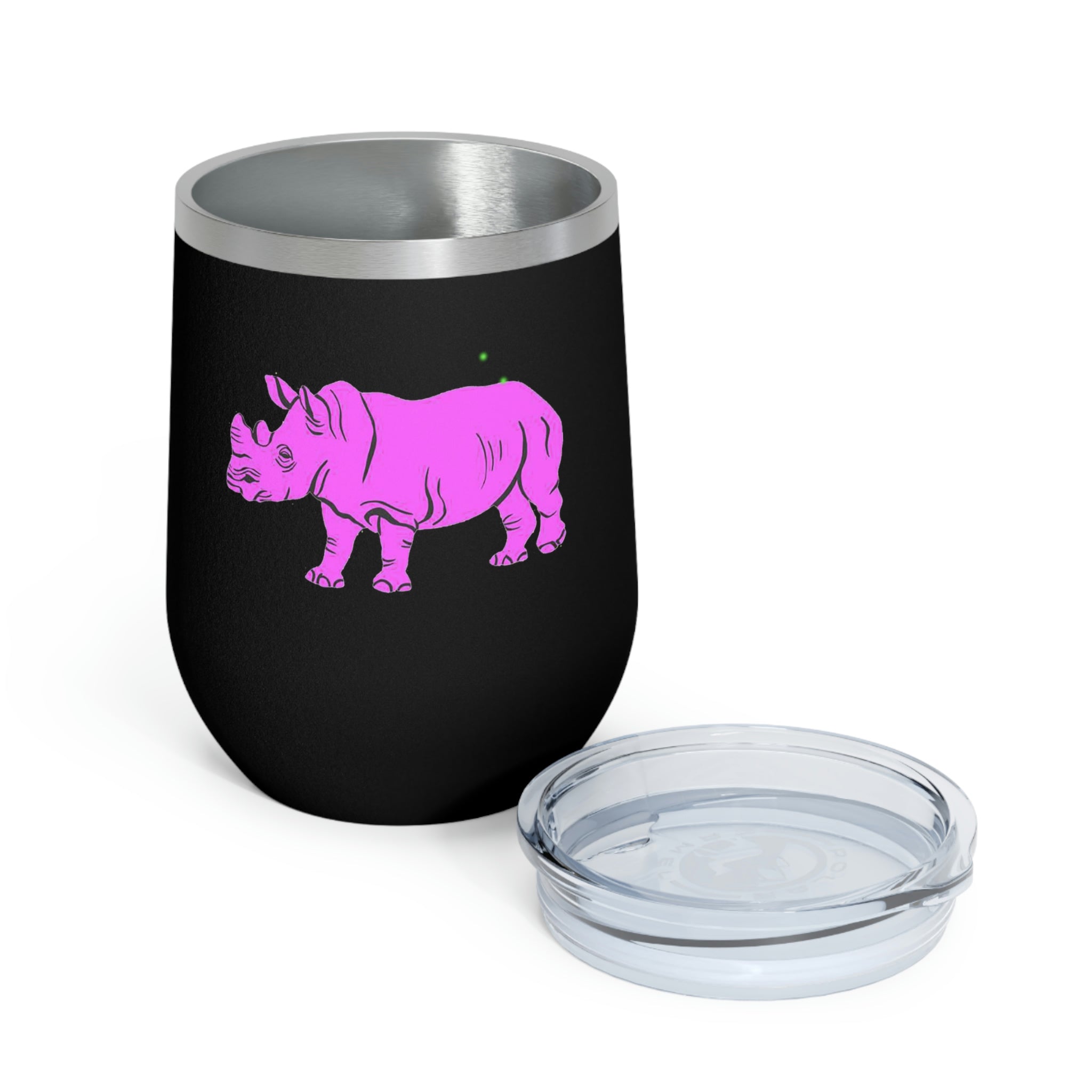 Purple Rhino Wine Tumbler with clear lid, showcasing its sleek stainless steel design and double insulation.