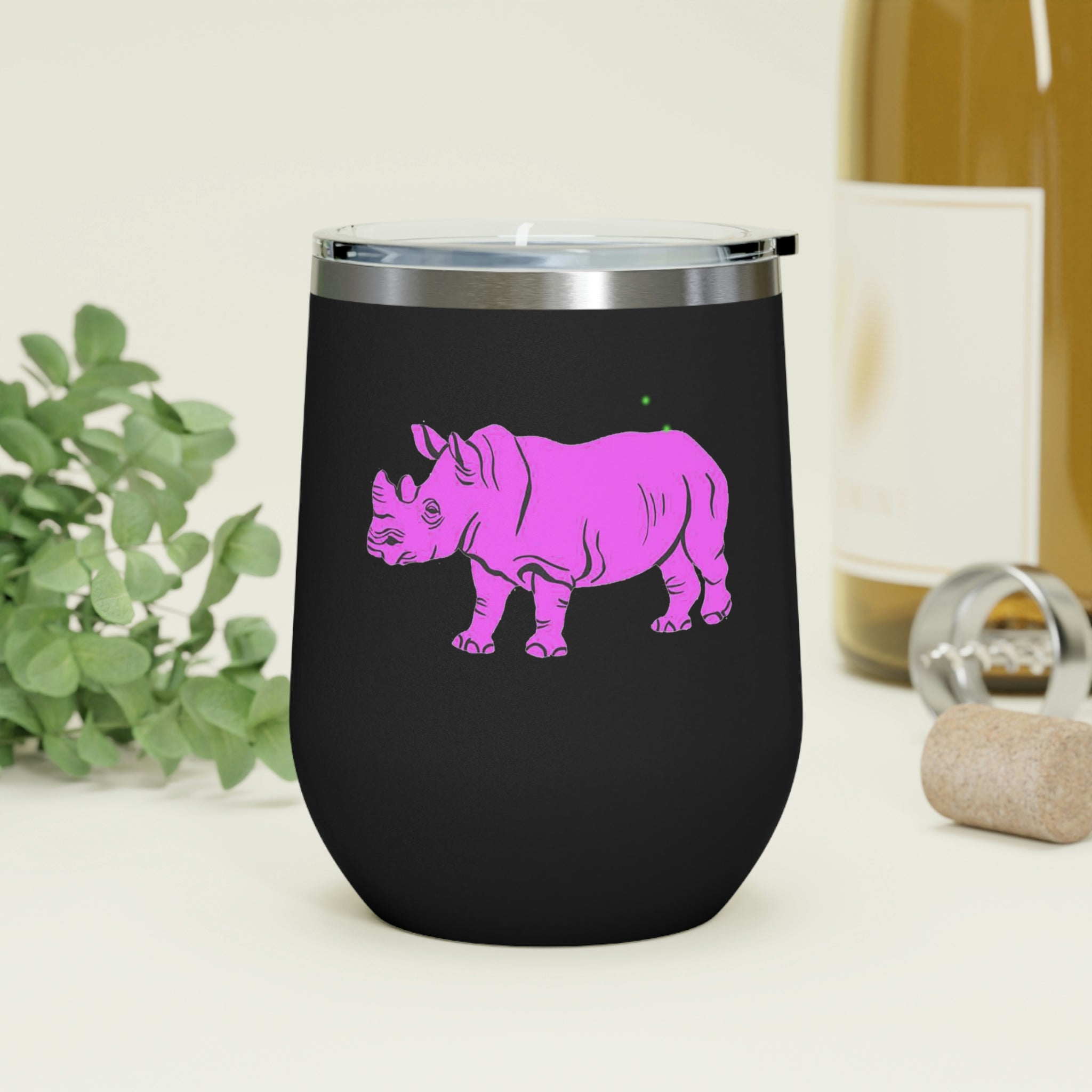 Purple Rhino Wine Tumbler with clear lid, showcasing its sleek stainless steel design and double insulation.