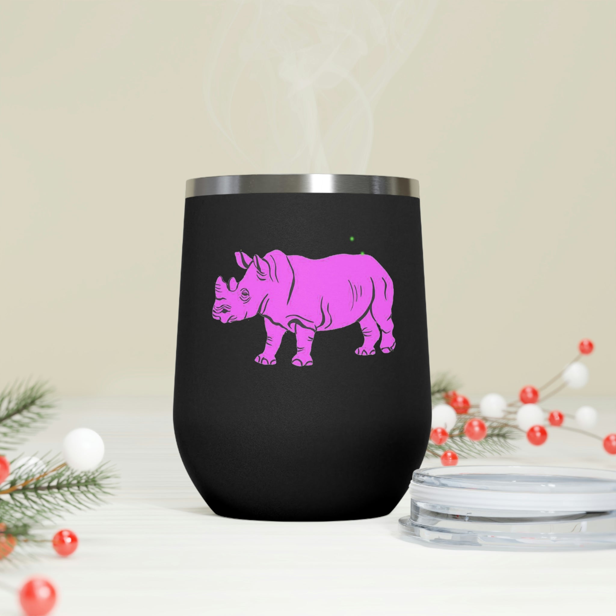 Purple Rhino Wine Tumbler with clear lid, showcasing its sleek stainless steel design and double insulation.