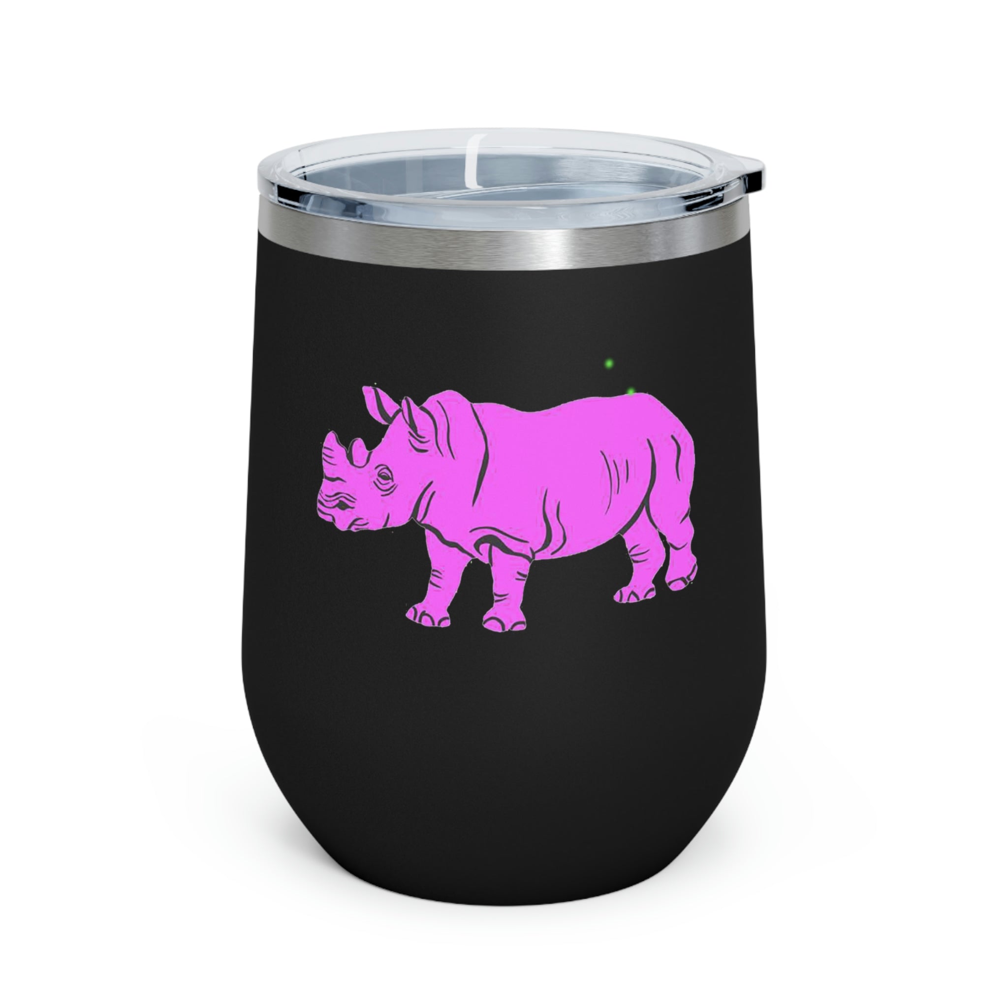 Purple Rhino Wine Tumbler with clear lid, showcasing its sleek stainless steel design and double insulation.