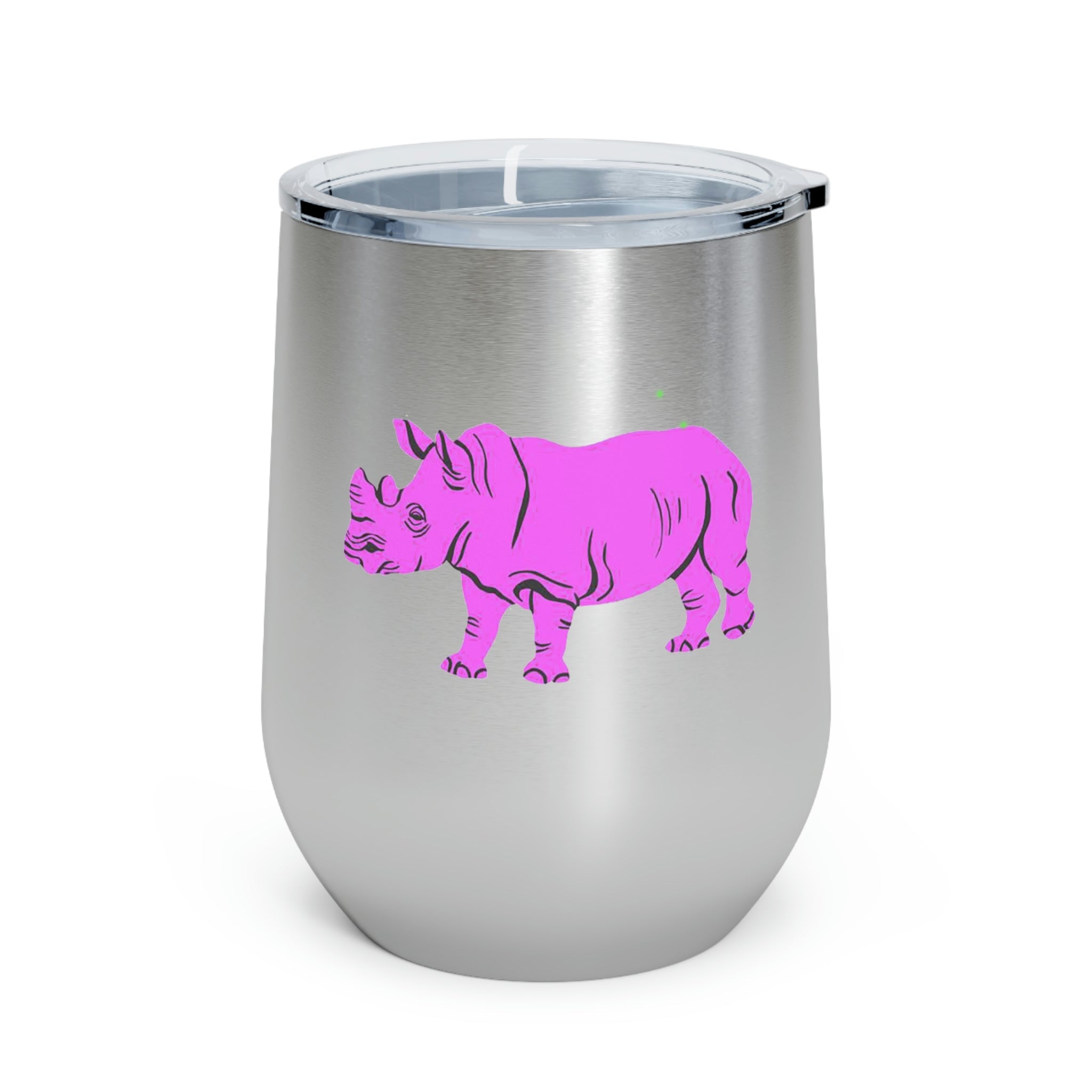 Purple Rhino Wine Tumbler with clear lid, showcasing its sleek stainless steel design and double insulation.