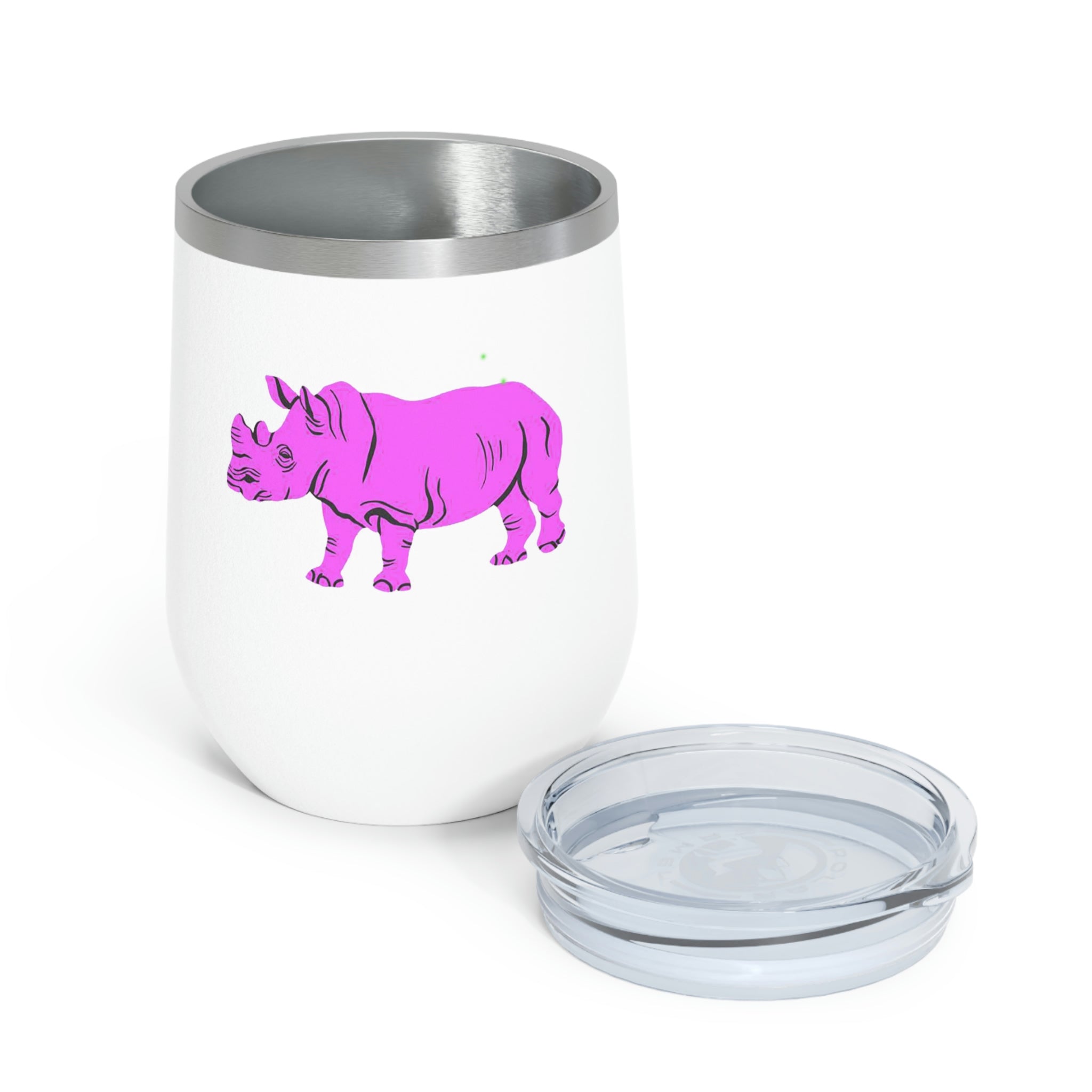 Purple Rhino Wine Tumbler with clear lid, showcasing its sleek stainless steel design and double insulation.