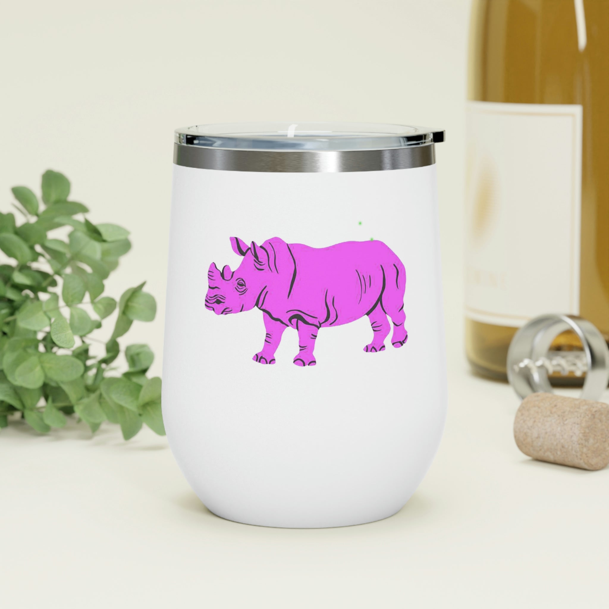 Purple Rhino Wine Tumbler with clear lid, showcasing its sleek stainless steel design and double insulation.