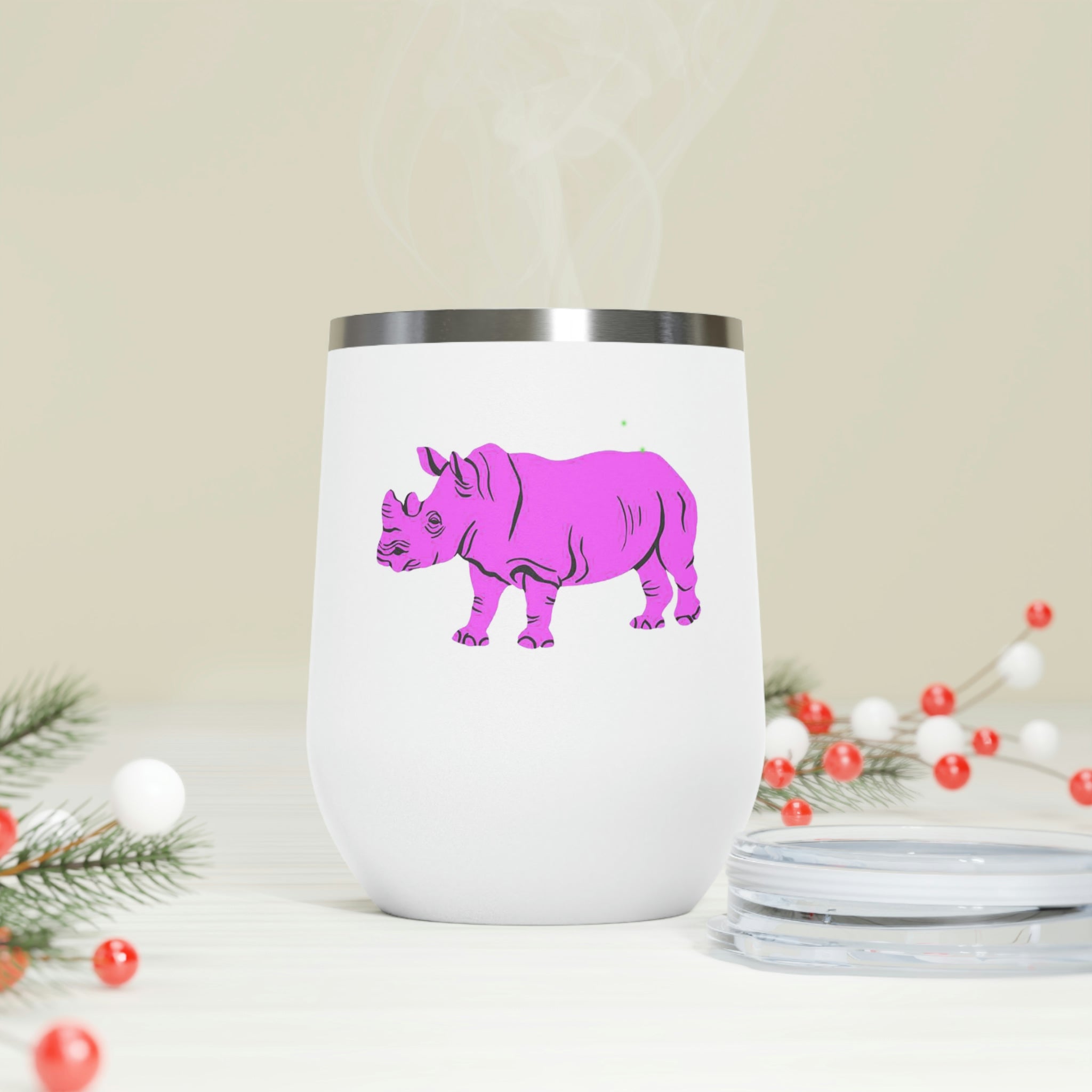 Purple Rhino Wine Tumbler with clear lid, showcasing its sleek stainless steel design and double insulation.