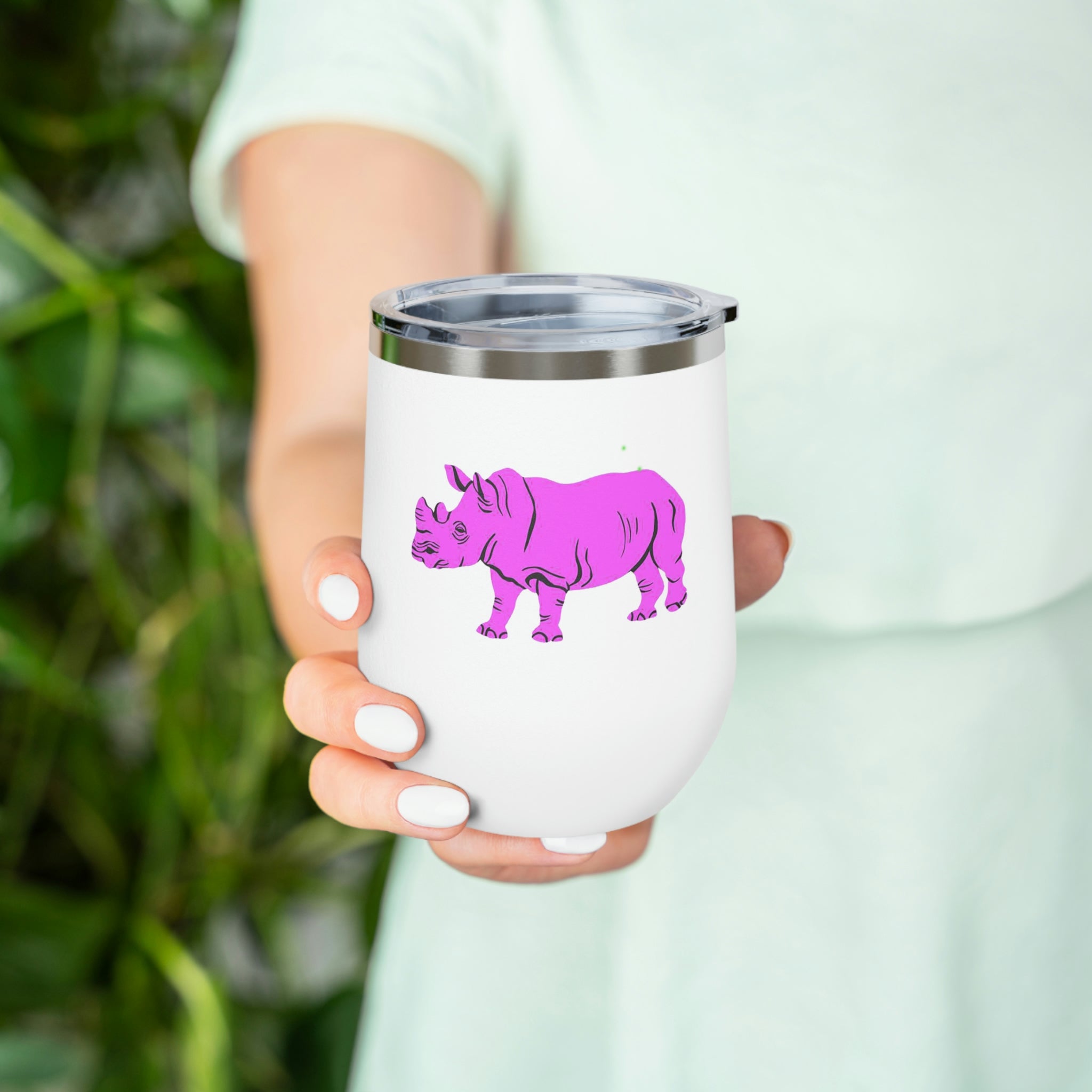 Purple Rhino Wine Tumbler with clear lid, showcasing its sleek stainless steel design and double insulation.