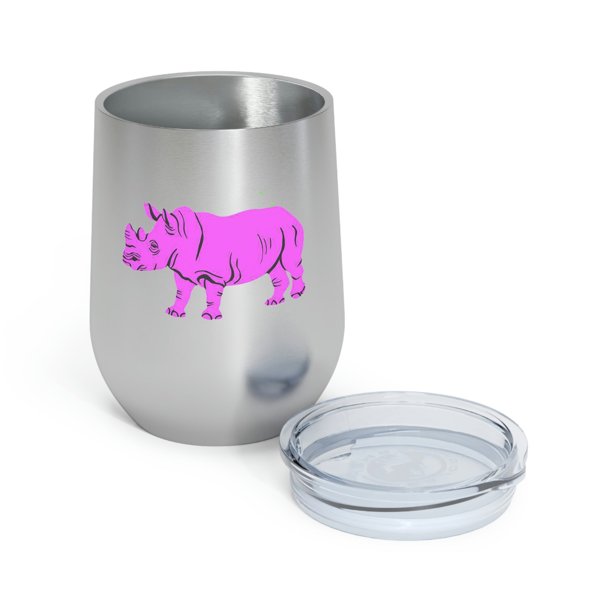 Purple Rhino Wine Tumbler with clear lid, showcasing its sleek stainless steel design and double insulation.