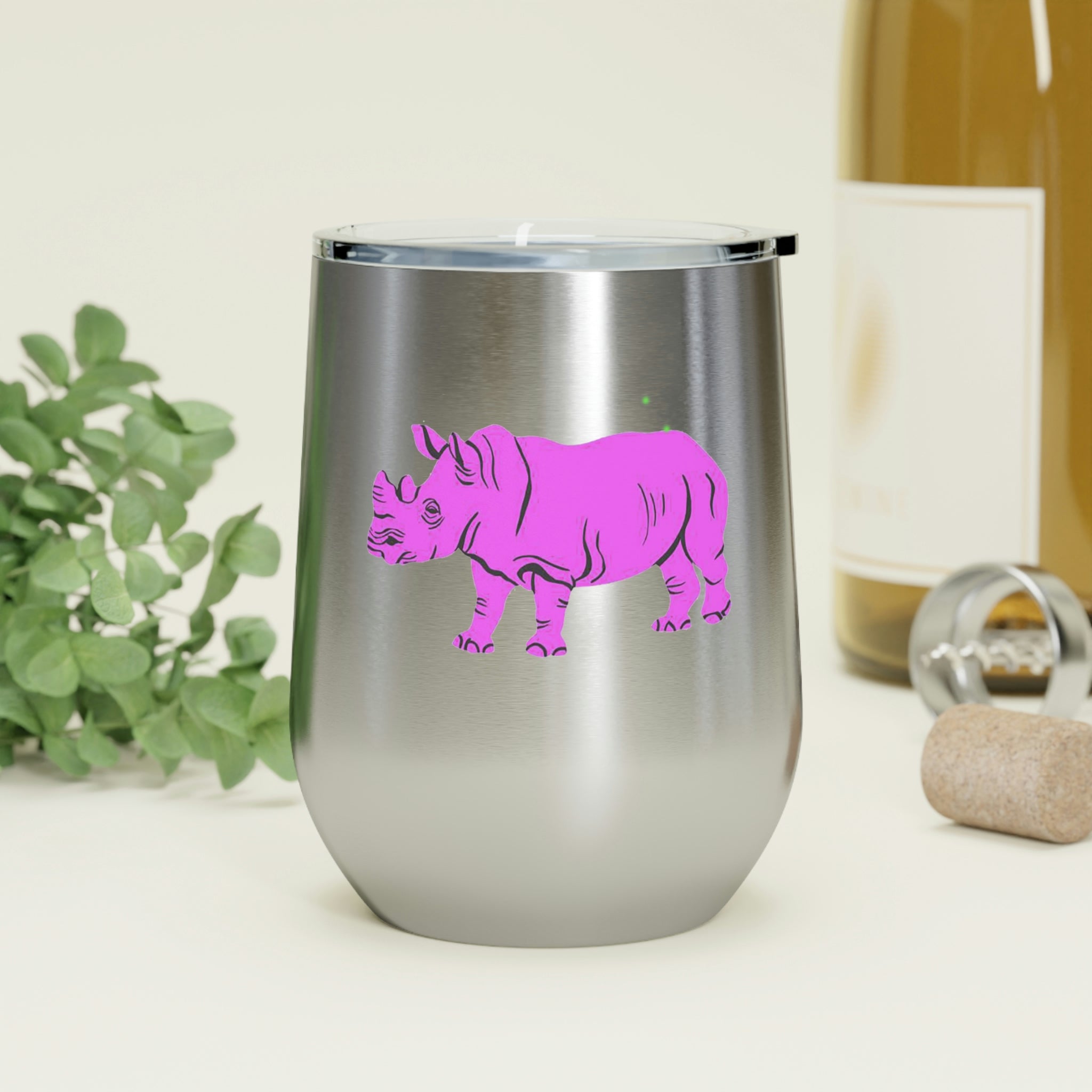 Purple Rhino Wine Tumbler with clear lid, showcasing its sleek stainless steel design and double insulation.