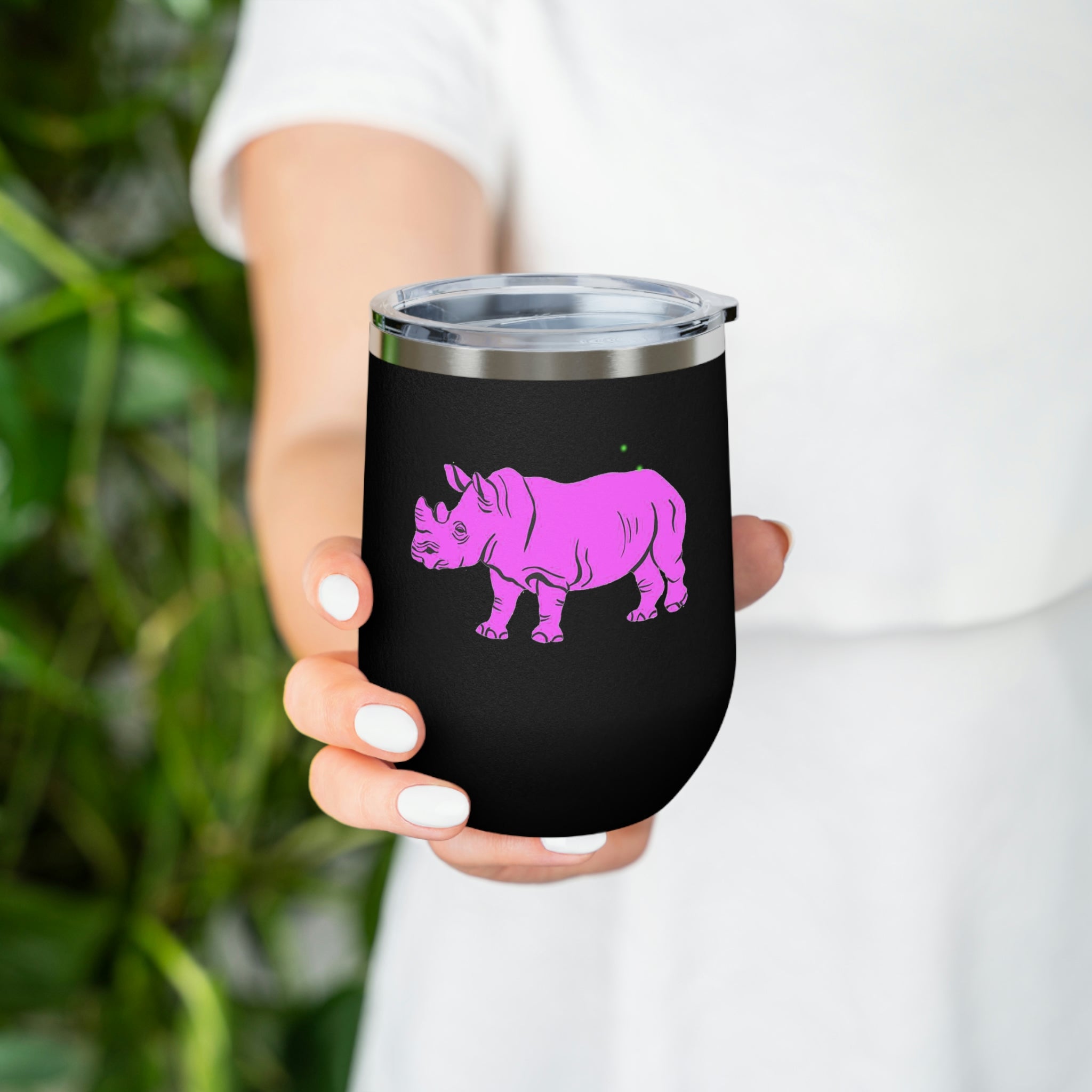 Purple Rhino Wine Tumbler with clear lid, showcasing its stylish design and double insulation features.