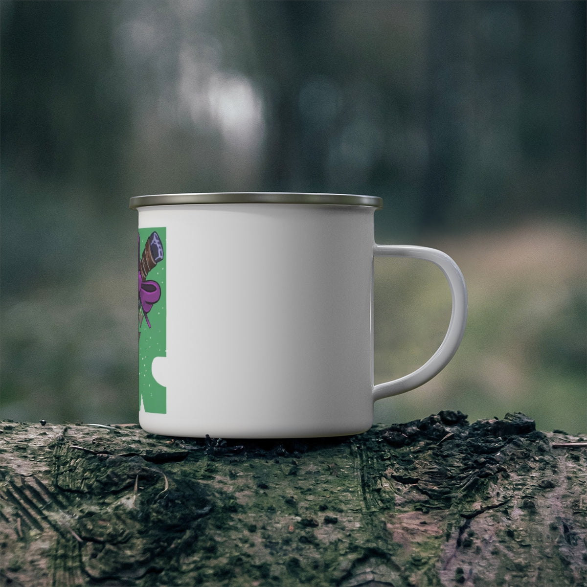 Purple Ribbon and Dagger Enamel Camping Mug with a stylish design, perfect for outdoor use.