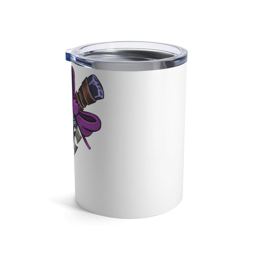 Purple Ribbon and Sword Tumbler 10oz made of stainless steel with a see-thru plastic lid, showcasing its stylish design.