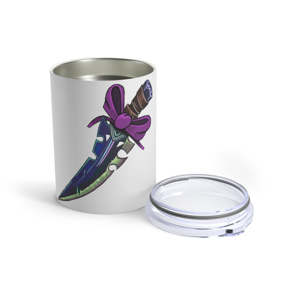 Purple Ribbon and Sword Tumbler 10oz made of stainless steel with a see-thru plastic lid, showcasing its stylish design.