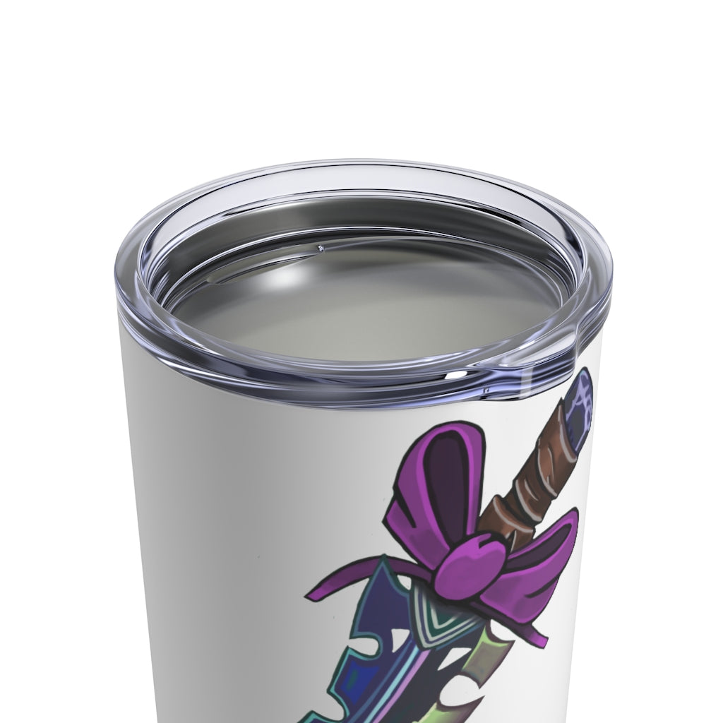 Purple Ribbon and Sword Tumbler 10oz made of stainless steel with a see-thru plastic lid, showcasing its stylish design.