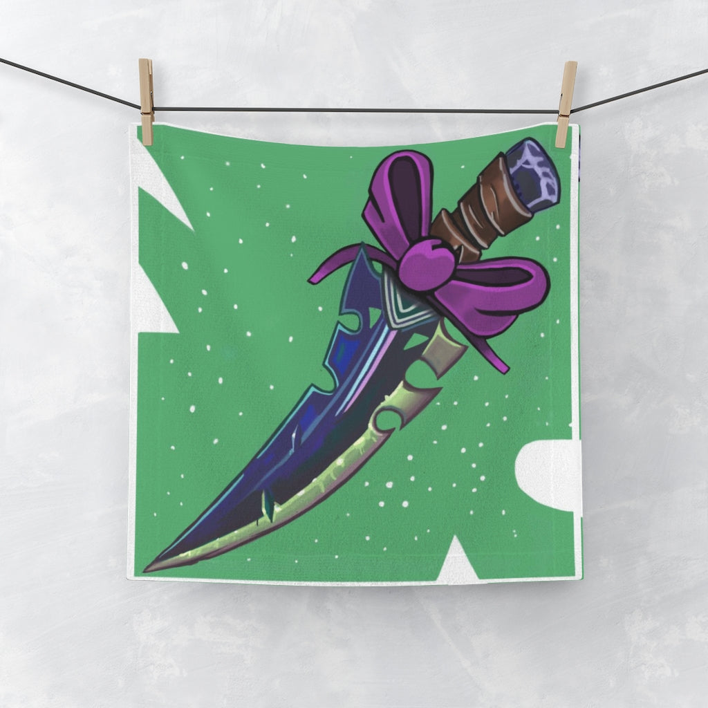 Purple Ribbon Sword Face Towel featuring a vibrant design on a polyester front and soft cotton back, ideal for customization.