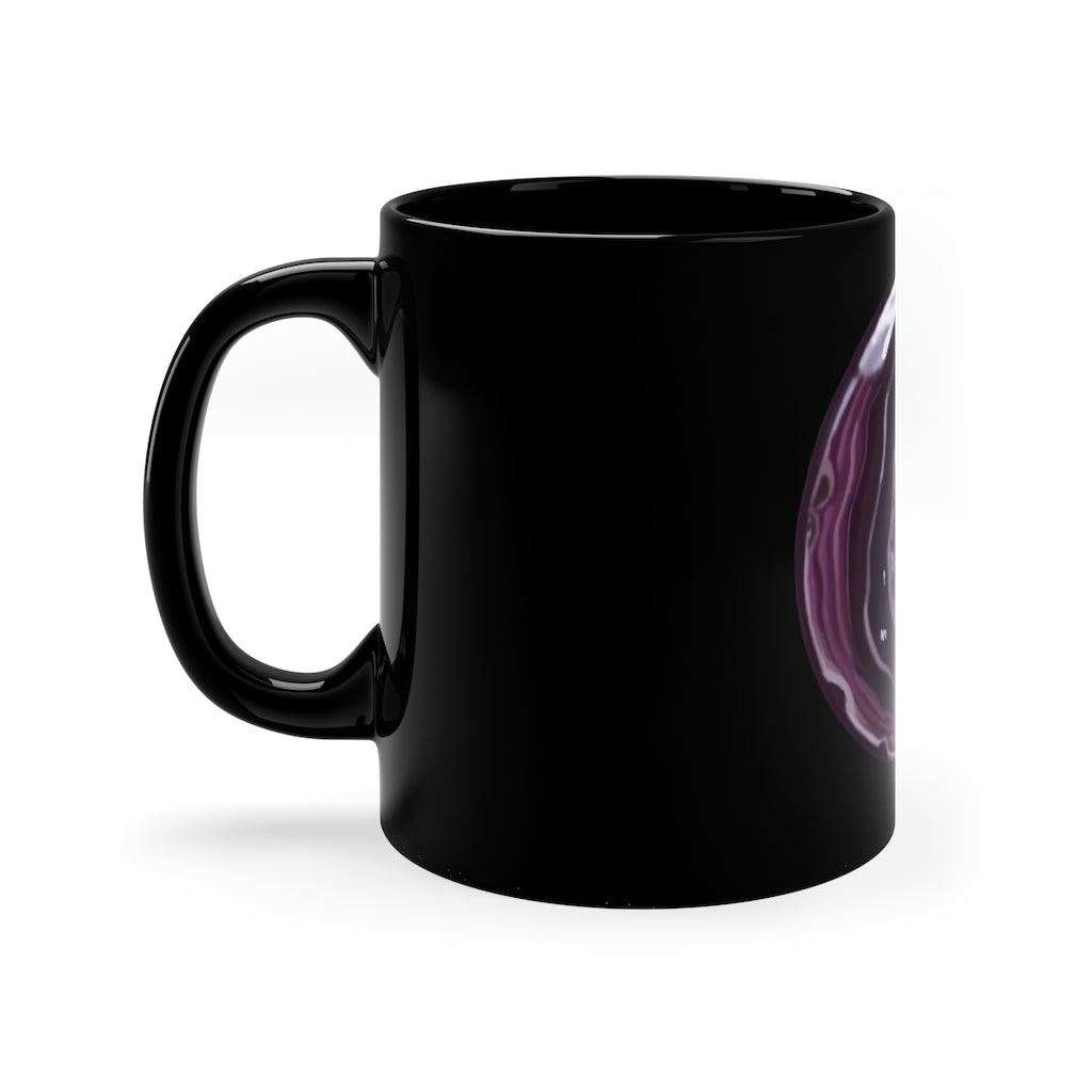 Purple Rock 11oz black ceramic mug with C-handle, perfect for coffee, tea, or hot chocolate.