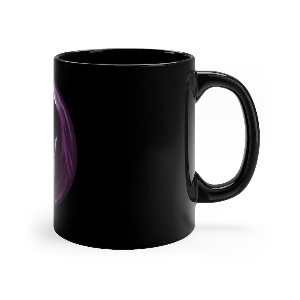 Purple Rock 11oz black ceramic mug with C-handle, perfect for coffee, tea, or hot chocolate.