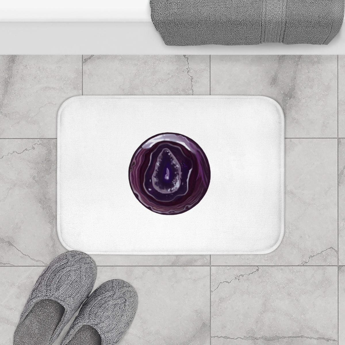 Purple Rock Bath Mat featuring a stylish design with anti-slip backing, made of soft microfiber material.