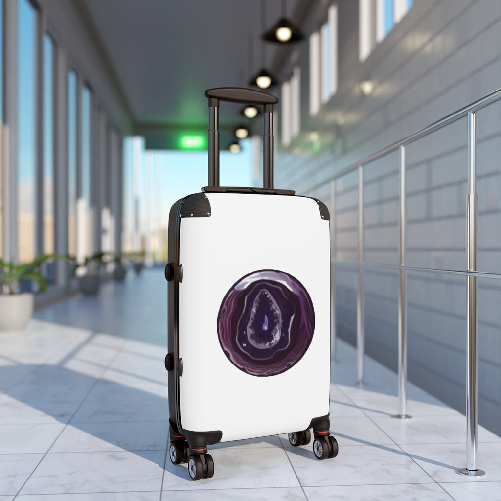 Purple Rock Cabin Suitcase with personalized design, lightweight and durable construction, featuring adjustable handle and 360° swivel wheels.