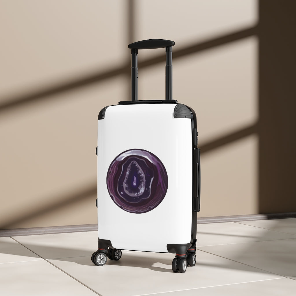 Purple Rock Cabin Suitcase with personalized design, lightweight and durable construction, featuring adjustable handle and 360° swivel wheels.