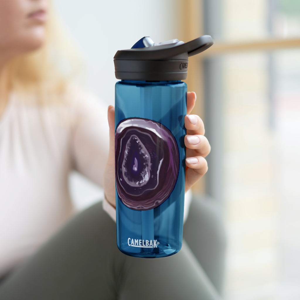 Purple Rock CamelBak Eddy® Water Bottle in 20oz and 25oz sizes, showcasing its durable design and spill-proof valve.