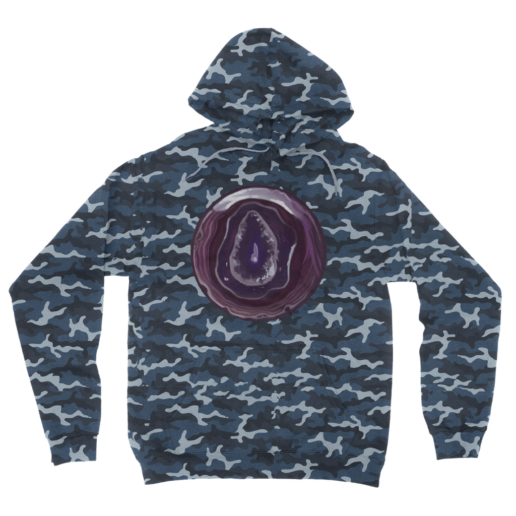 Purple Rock Camouflage Adult Hoodie featuring an all-over camo design, double fabric hood, and kangaroo pouch pocket.