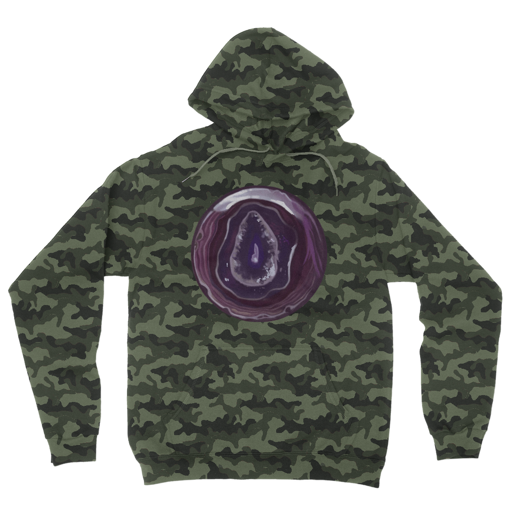 Purple Rock Camouflage Adult Hoodie featuring an all-over camo design, double fabric hood, and kangaroo pouch pocket.