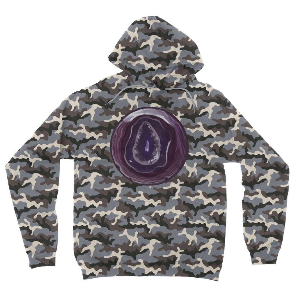 Purple Rock Camouflage Adult Hoodie featuring an all-over camo design, double fabric hood, and kangaroo pouch pocket.