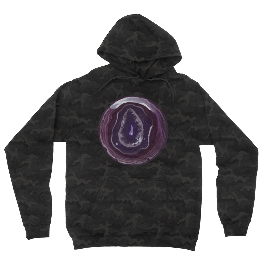 Purple Rock Camouflage Adult Hoodie featuring an all-over camo design, double fabric hood, and kangaroo pouch pocket.