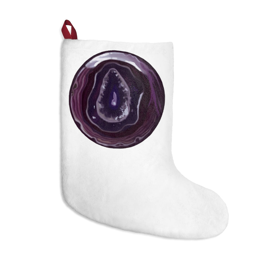 Purple Rock Christmas Stockings hanging by a fireplace, featuring custom prints and a twill ribbon loop.