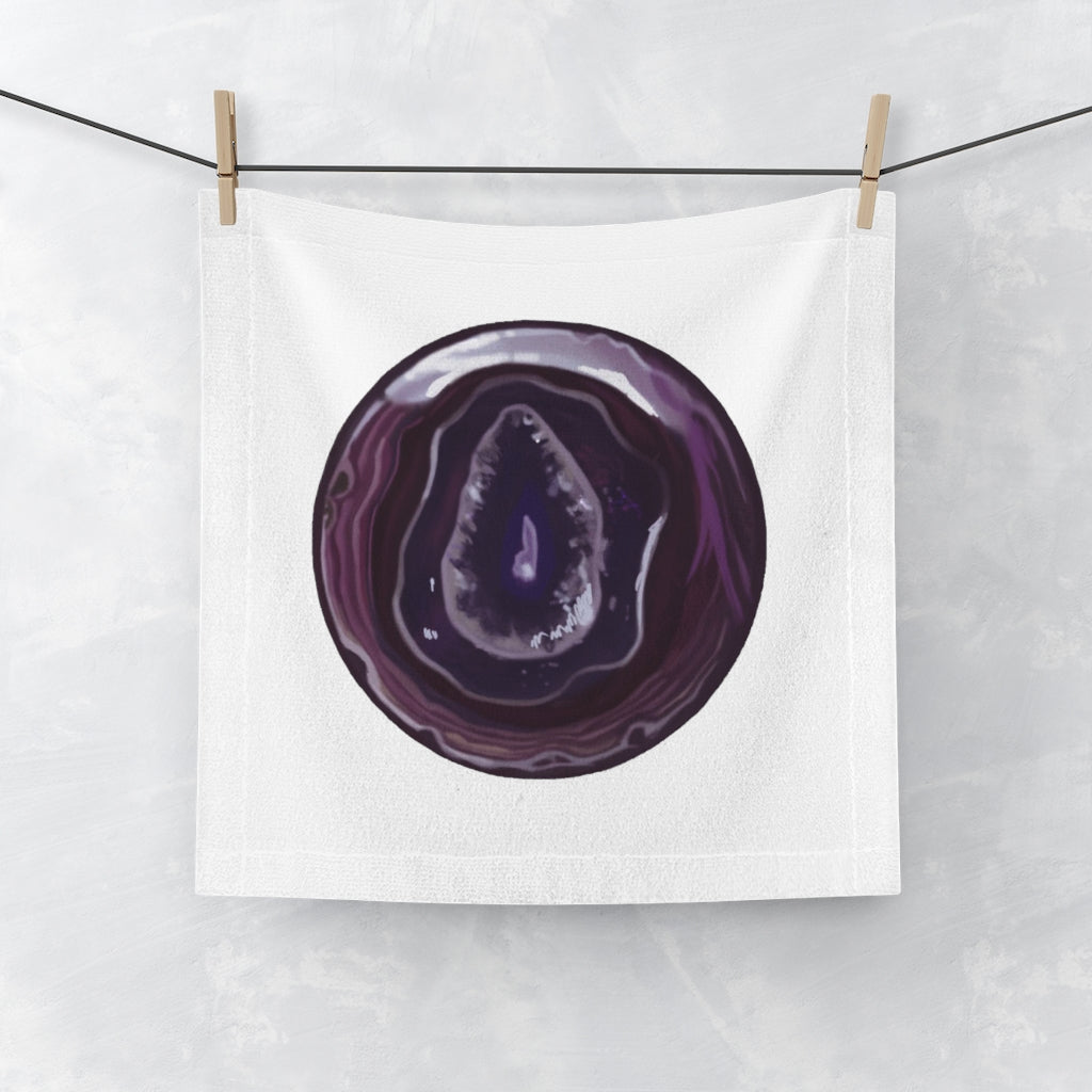 Purple Rock Face Towel featuring a customizable polyester front and soft cotton back, ideal for personal use or gifting.