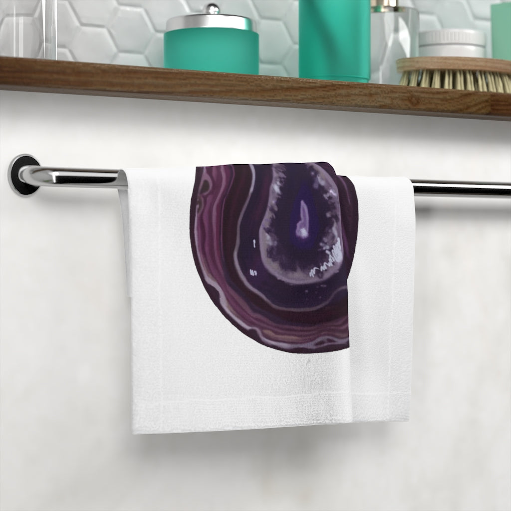 Purple Rock Face Towel featuring a customizable polyester front and soft cotton back, ideal for personal use or gifting.