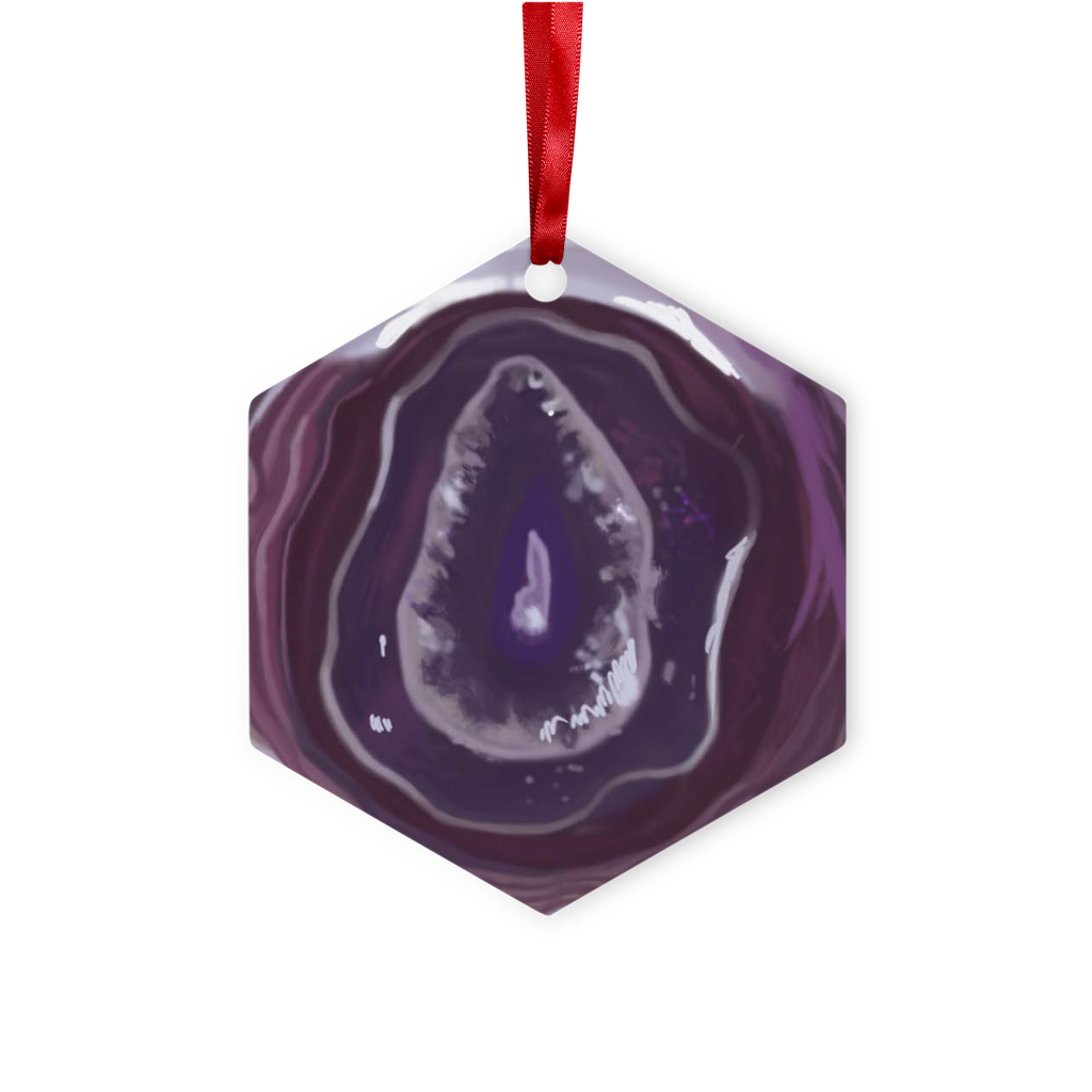 Purple Rock Metal Hanging Ornament with red ribbon, hexagon and star shapes, glossy white finish, beautifully packaged.