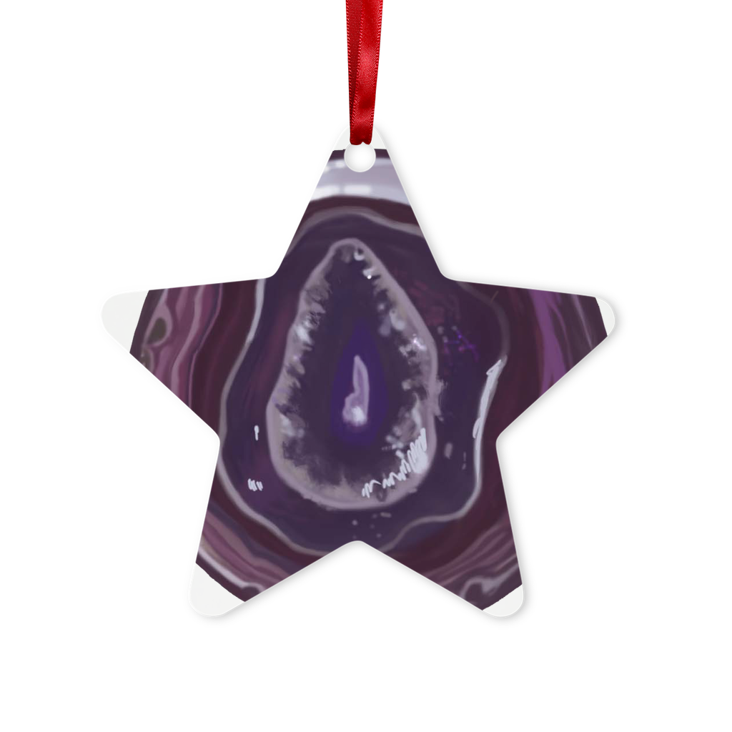 Purple Rock Metal Hanging Ornament with red ribbon, hexagon and star shapes, glossy white finish, beautifully packaged.