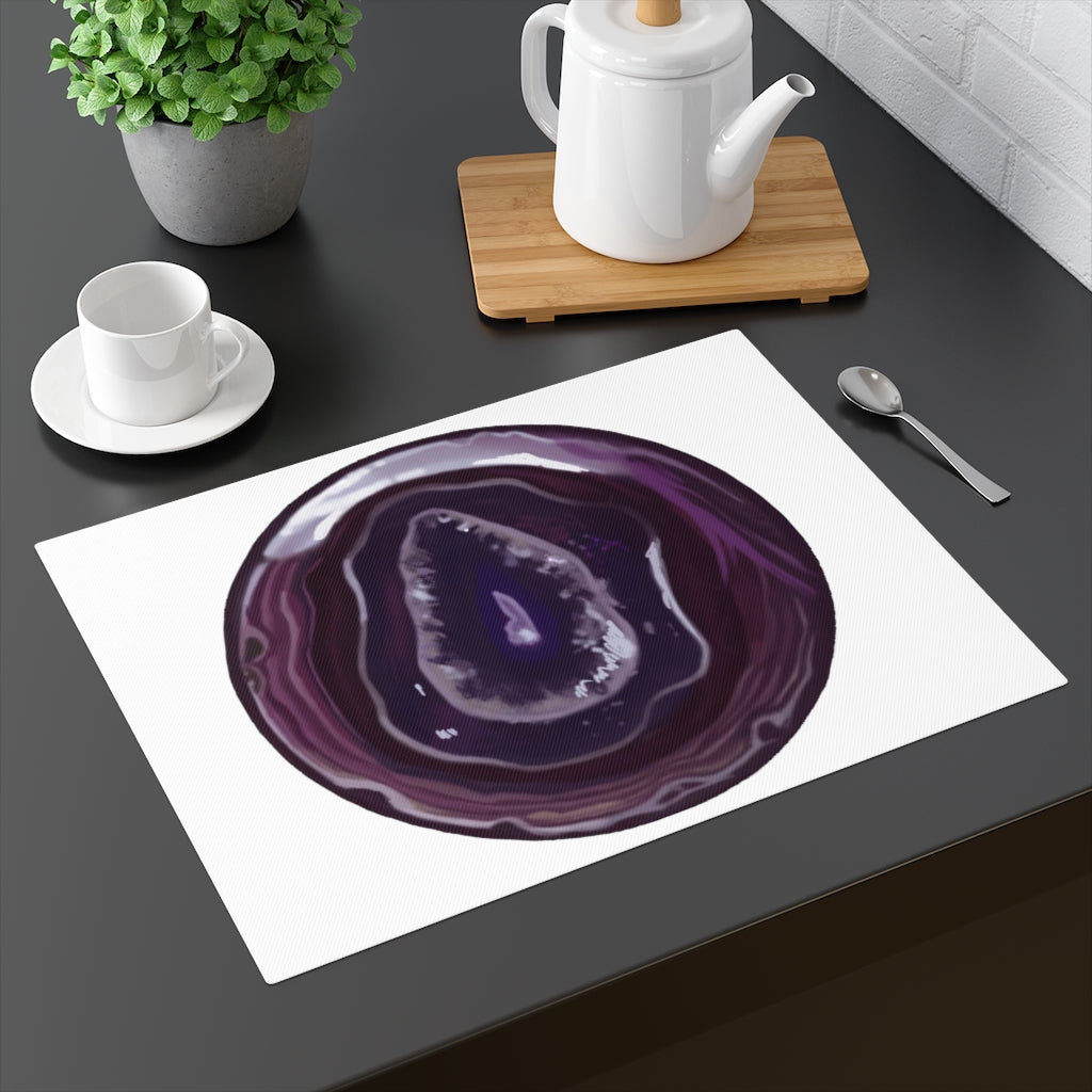 Purple Rock Placemat featuring a vibrant design on one side and a natural back, made from durable cotton, perfect for dining tables.