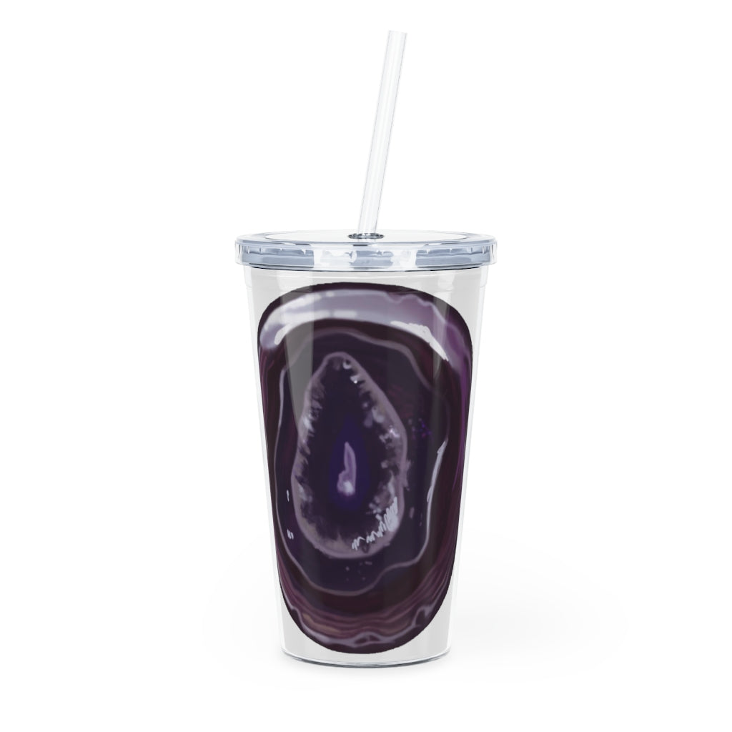 Purple Rock Plastic Tumbler with Straw, featuring a vibrant purple color and a lid with a reusable straw, perfect for drinks.