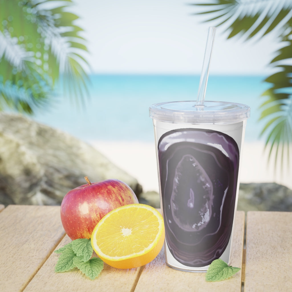 Purple Rock Plastic Tumbler with Straw, featuring a vibrant purple color and a lid with a reusable straw, perfect for drinks.