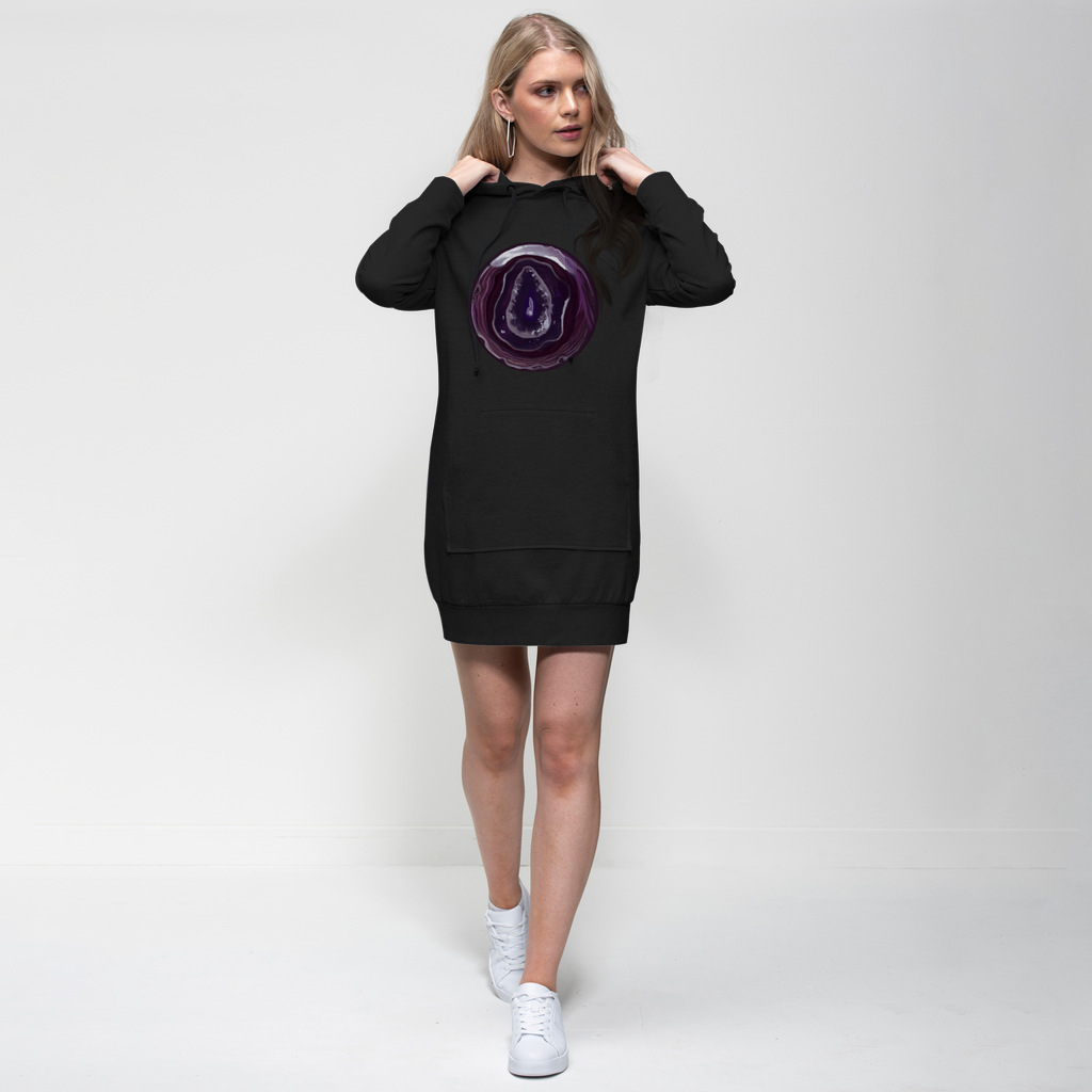 Purple Rock Premium Adult Hoodie Dress featuring a relaxed fit, hood, and kangaroo pocket, made from soft cotton blend fabric.