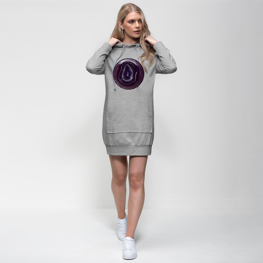 Purple Rock Premium Adult Hoodie Dress featuring a relaxed fit, hood, and kangaroo pocket, made from soft cotton blend fabric.