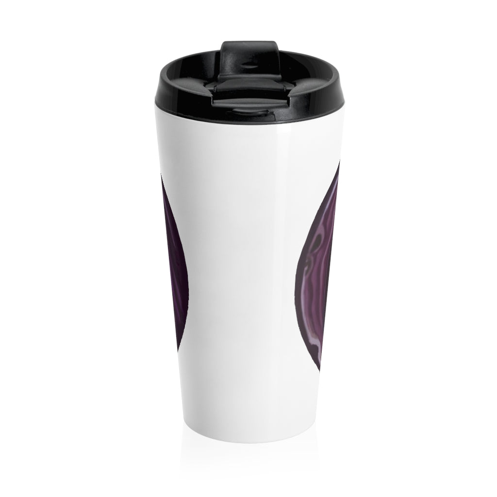 Purple Rock Stainless Steel Travel Mug with black lid, showcasing vibrant sublimation printing and sleek design.