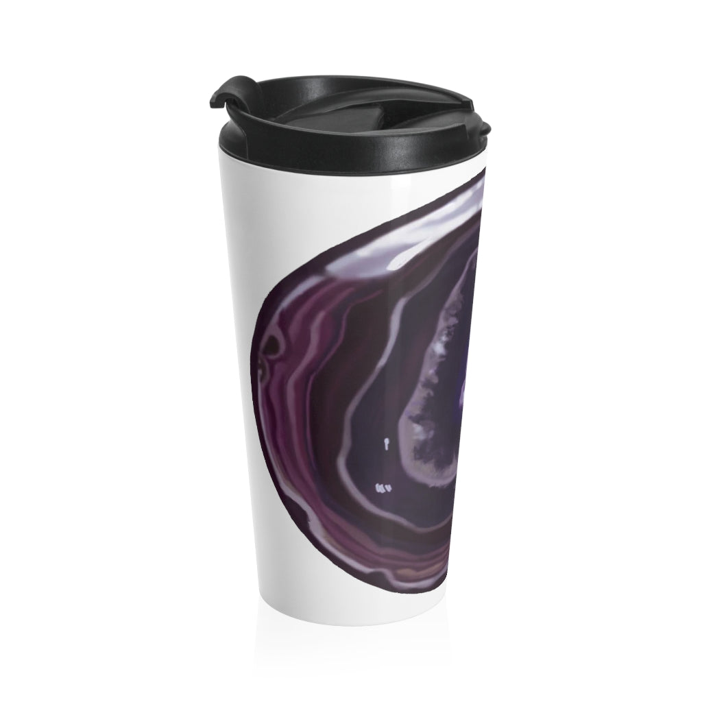 Purple Rock Stainless Steel Travel Mug with black lid, showcasing vibrant sublimation printing and sleek design.