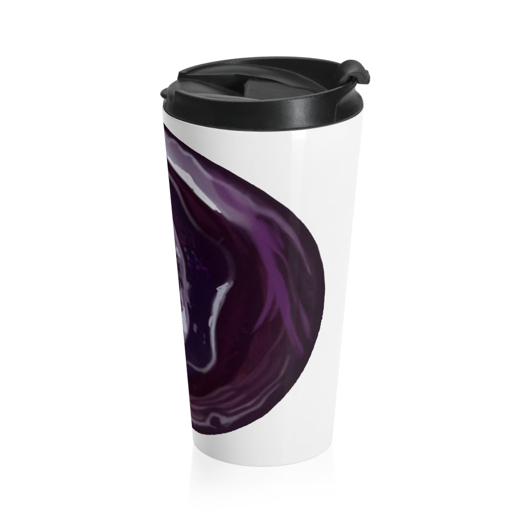 Purple Rock Stainless Steel Travel Mug with black lid, showcasing vibrant sublimation printing and sleek design.